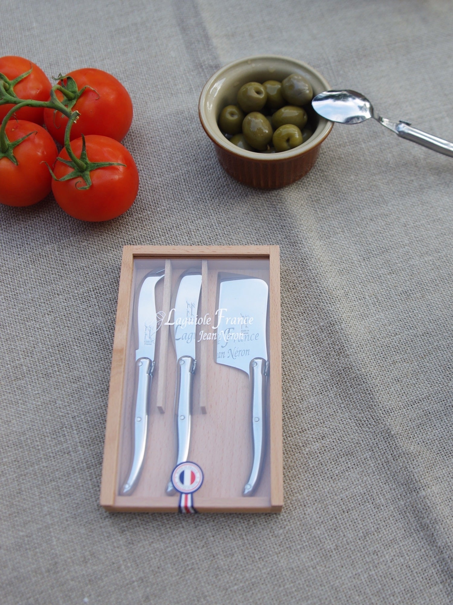 Laguiole 3 Piece Mini Cheese Utensil Set, Stainless Steel in Wood Box with Acrylic Lid