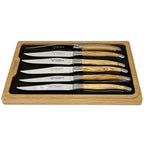 Laguiole olive wood steak knife set of six in an open wooden box
