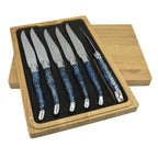 Laguiole blue poplar burl steak knife set of six in an open wooden box