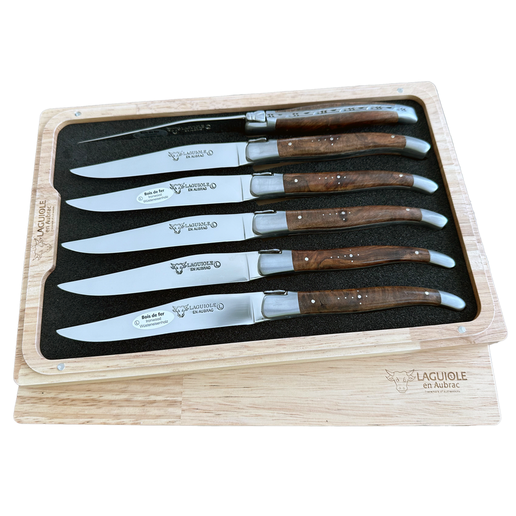 Laguiole ironwood steak knife set of six in an open wooden box