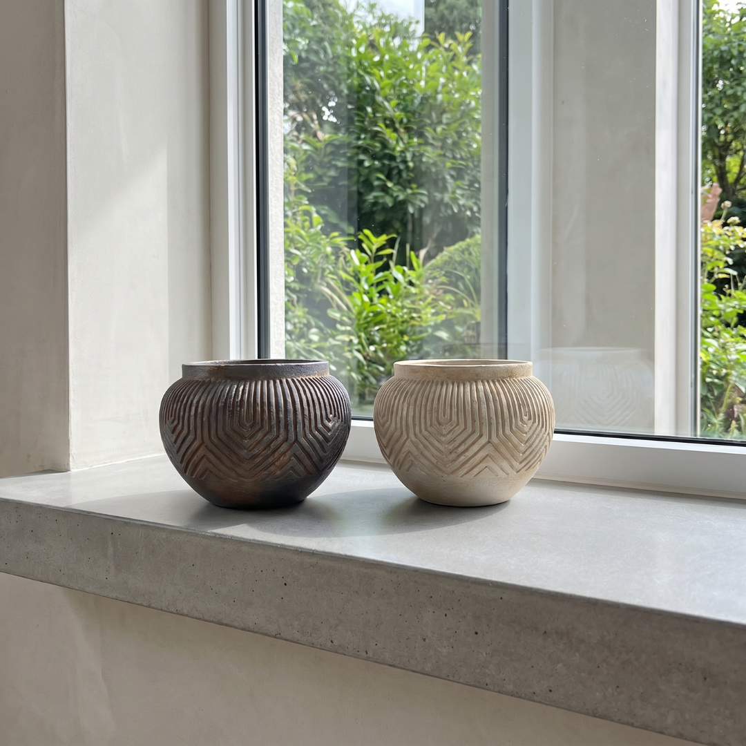 Linden Concrete Vessel in Rustic Umber or Natural Sandstone, 8"D X 6"H