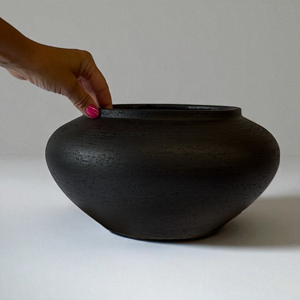 Milan, Terracotta Vessel, Handpainted in Jet Black, 12.5"D x 6.2"H