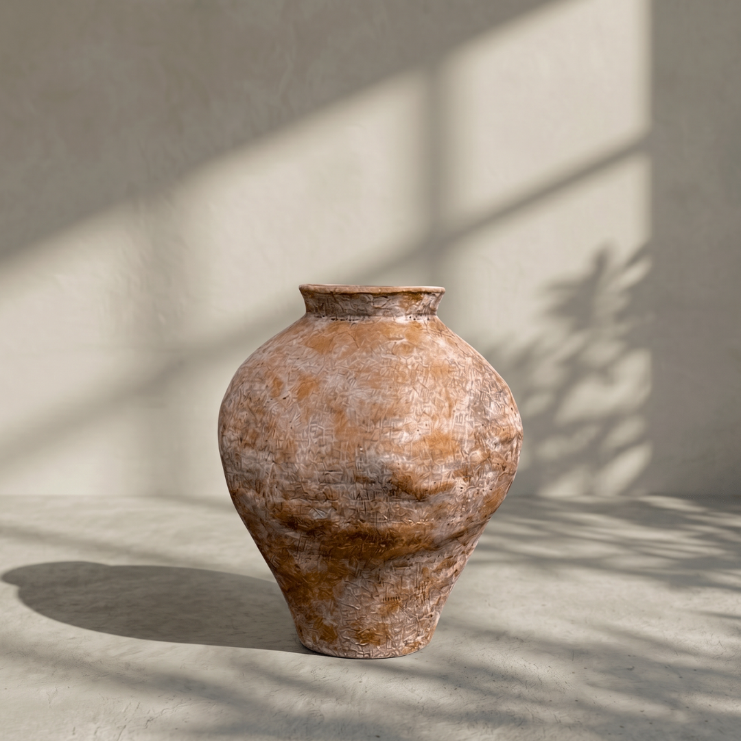 Mojave Rustique Fiber Clay Vessel, Hand-Painted in Weathered Black or Aged Terracotta, 15.7"D x 18.8"H