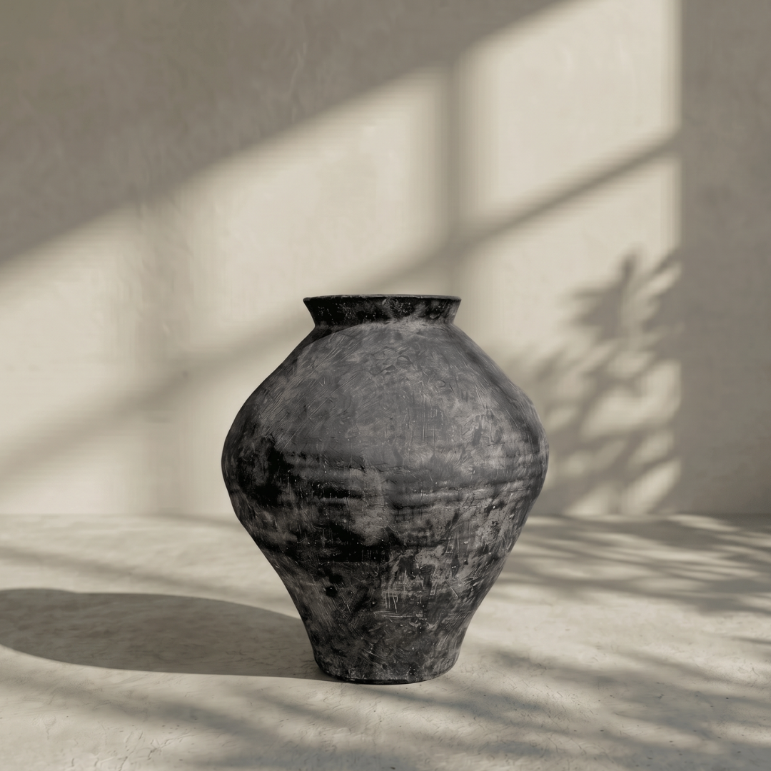 Mojave Rustique Fiber Clay Vessel, Hand-Painted in Weathered Black or Aged Terracotta, 15.7"D x 18.8"H