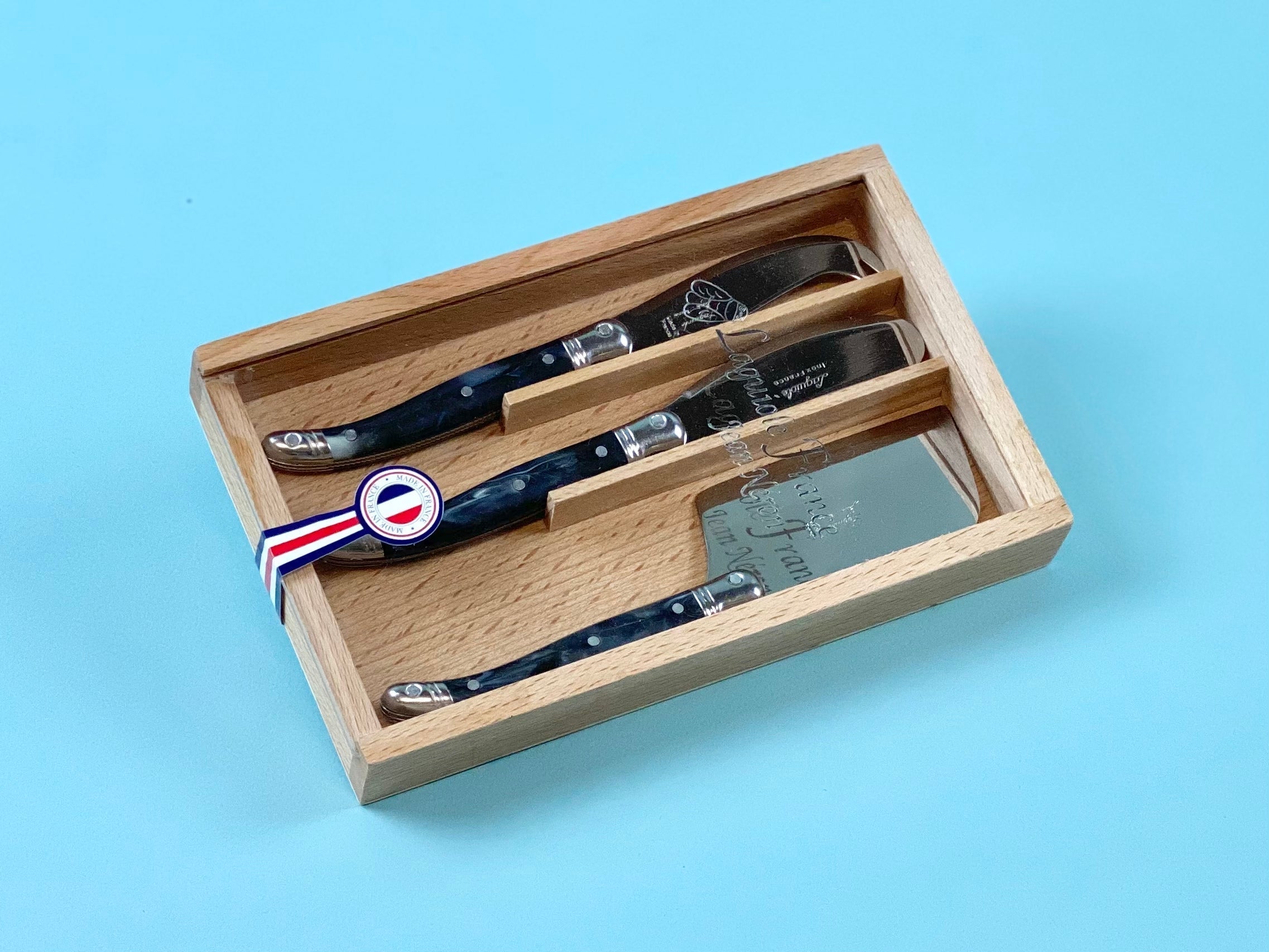 Laguiole 3 Piece Mini Cheese Utensil Set, Black Marble in Wood Box with Acrylic Lid