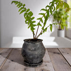 Odyssey Planter with Dish and Drainage Hole, Cement Pot in Weathered Black, 6"D x 6.5"H