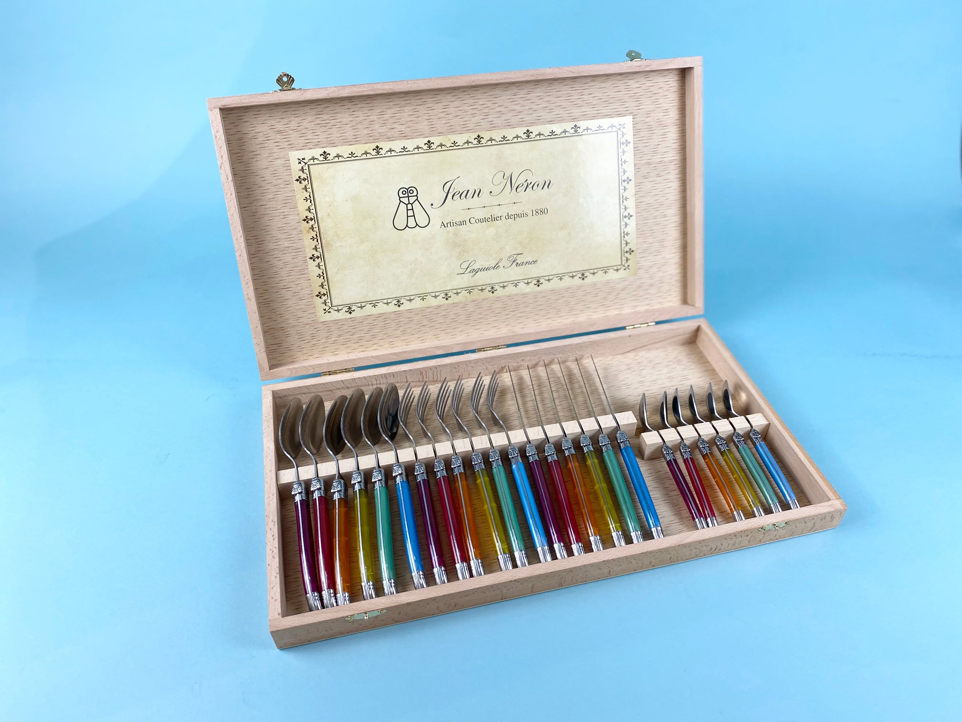 Laguiole 24 Piece Flatware Set, Rainbow in Wood Presentation Box