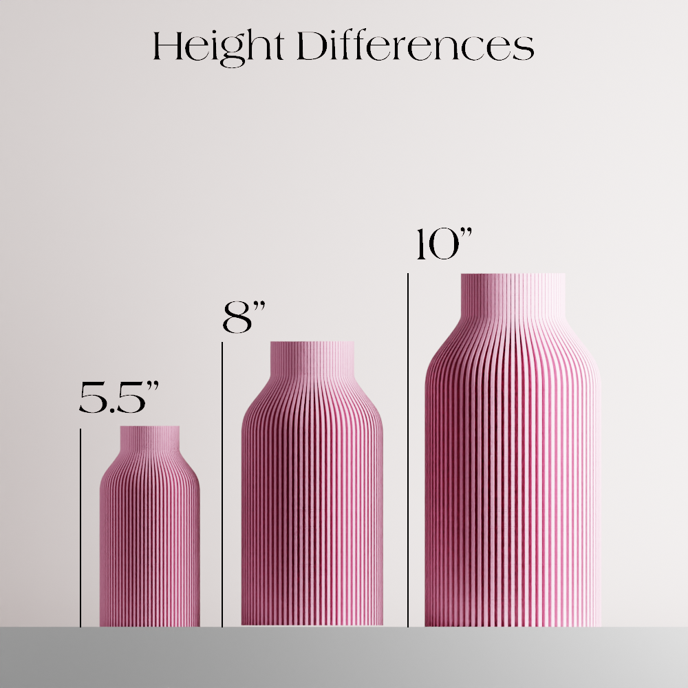 Ribbed Bottle Vase in pink shown to scale