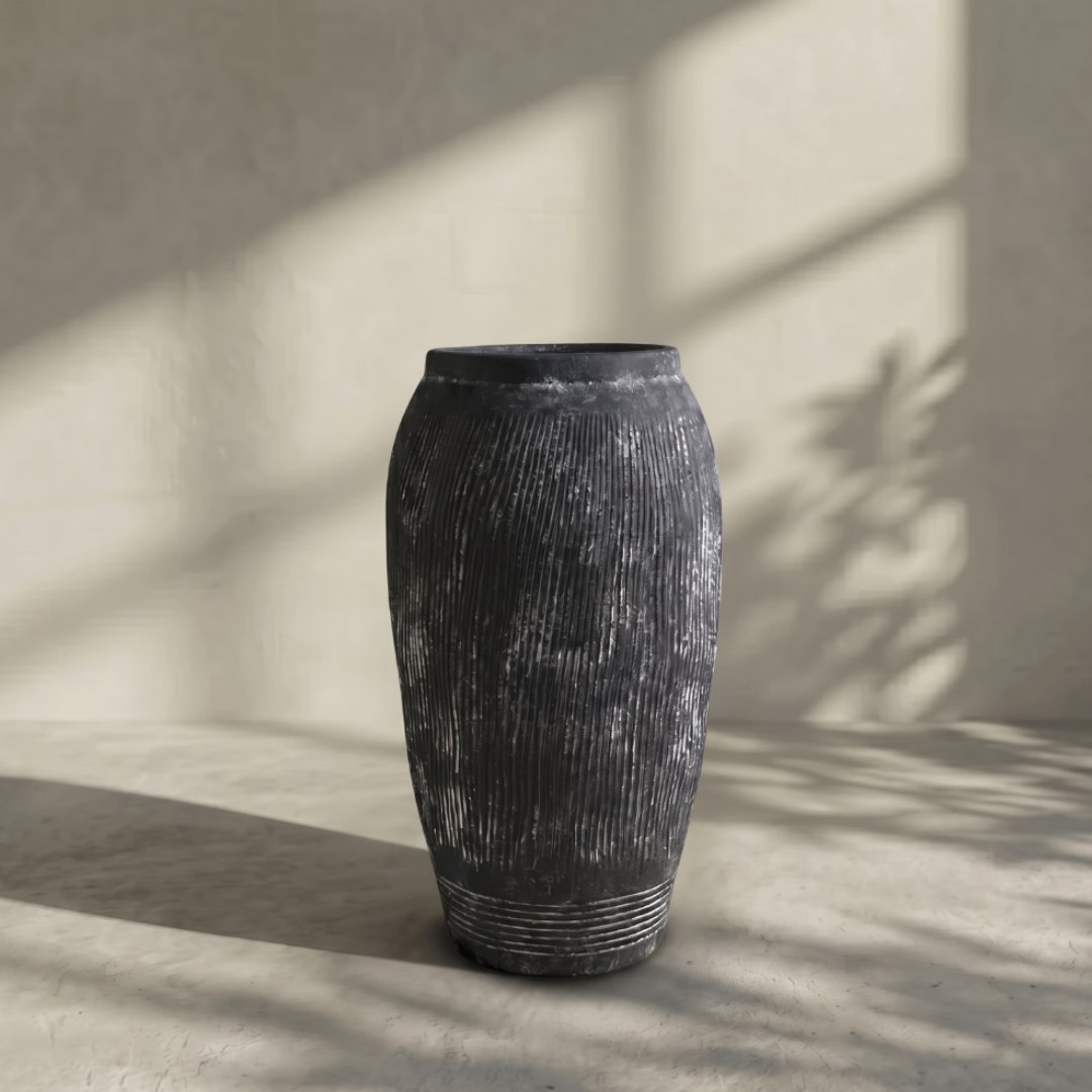 Pompeii Colossus, Fiber Clay Vessel in Burnt Sienna, Weathered Black or Aged Gray, 11"D x 20"H
