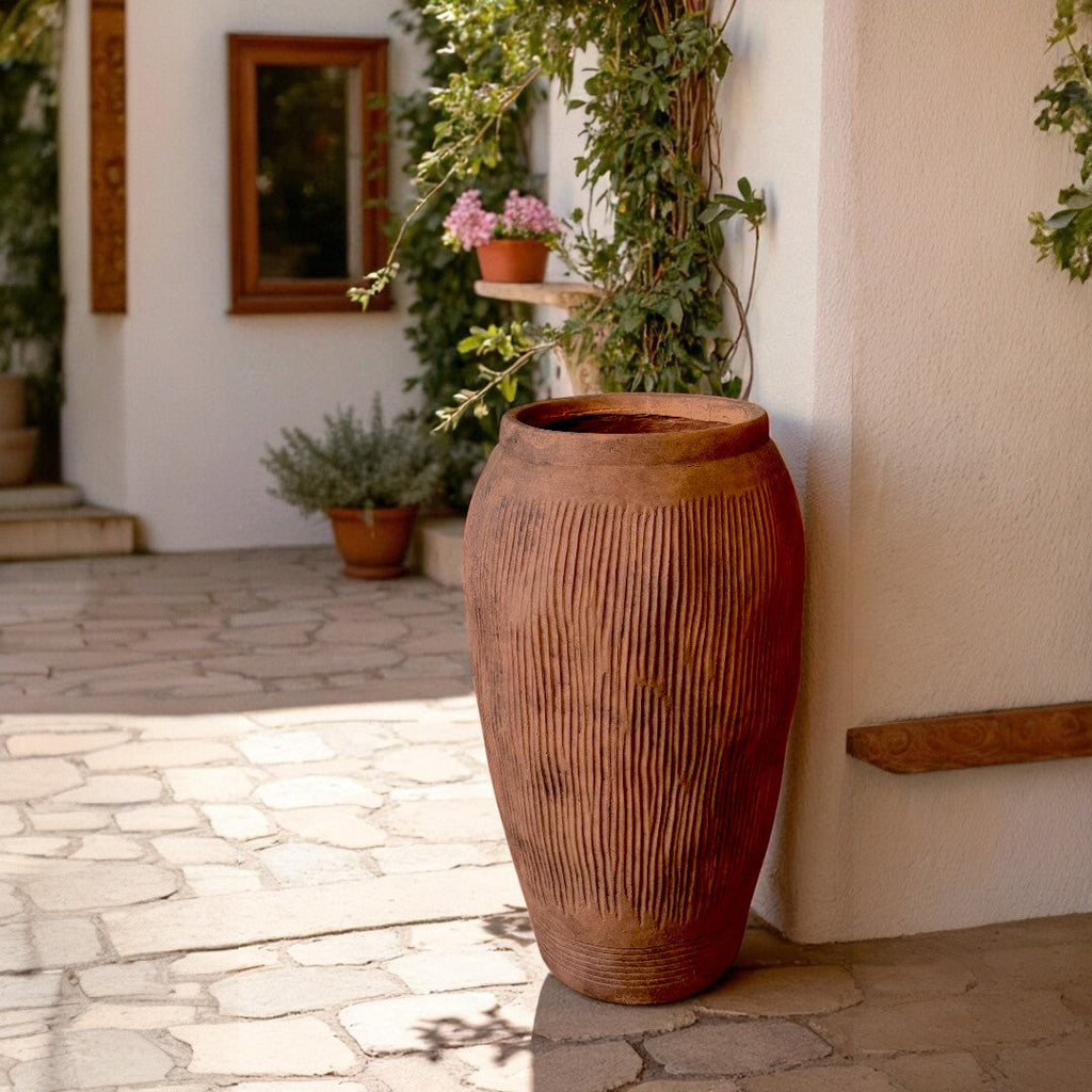 Pompeii Colossus, Fiber Clay Vessel in Burnt Sienna, Weathered Black or Aged Gray, 11"D x 20"H