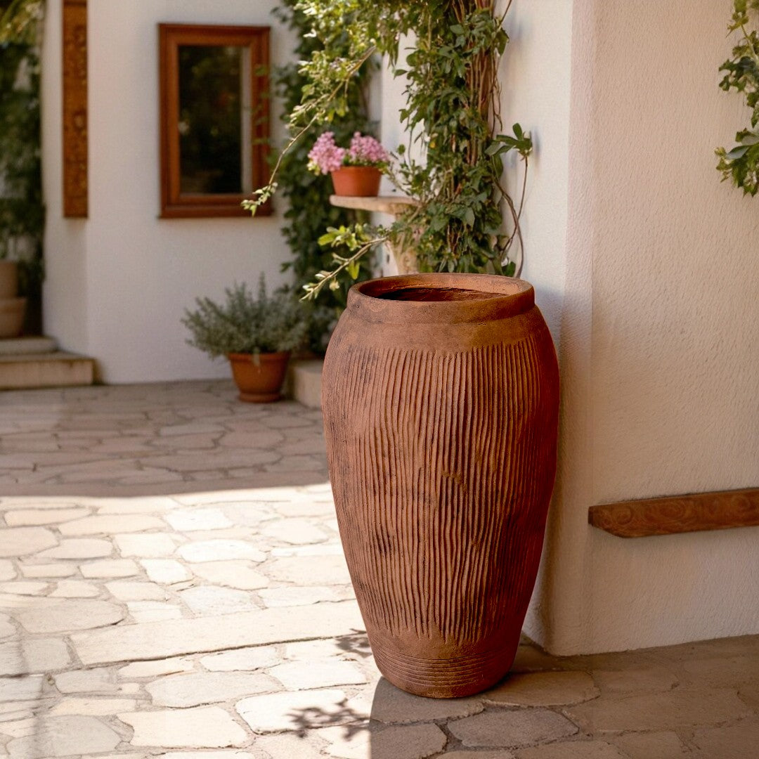Pompeii Colossus, Fiber Clay Vessel in Burnt Sienna, Weathered Black or Aged Gray, 11"D x 20"H