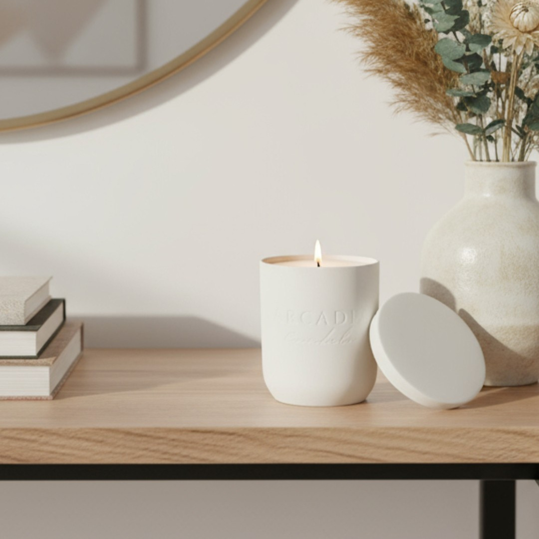 Nova Linen White Modern Stone Candēla Vessel with Lid, 2.3"D x 4"H