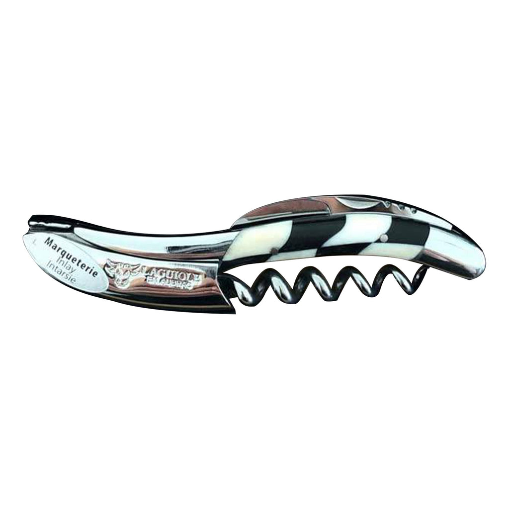 Laguiole checkerboard corkscrew with ebony and bone handle on a white background