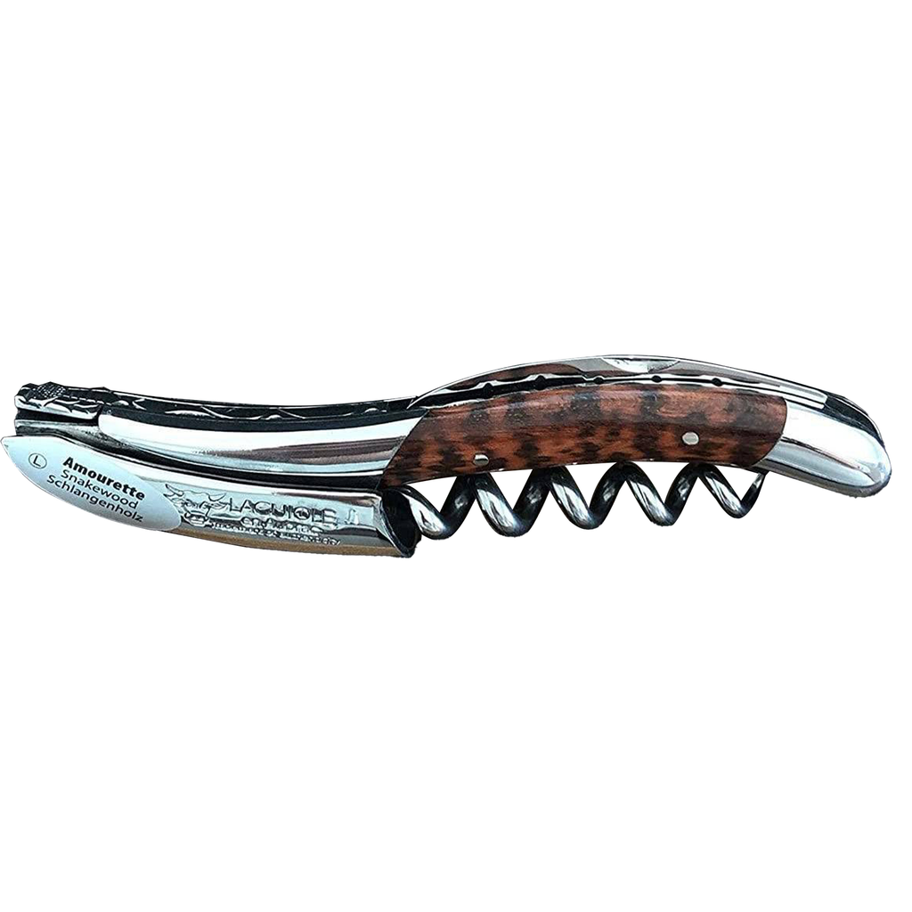 Laguiole DeLuxe No. 7 snakewood corkscrew with carved spine on a white background