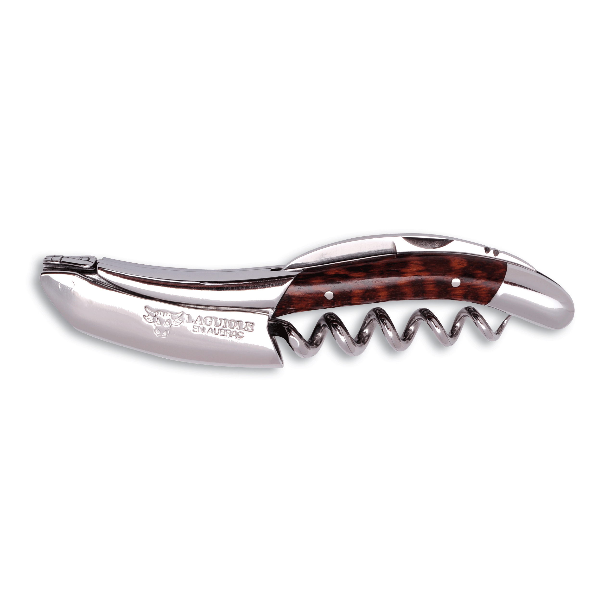 Laguiole amourette wood corkscrew with polished steel body on a white background