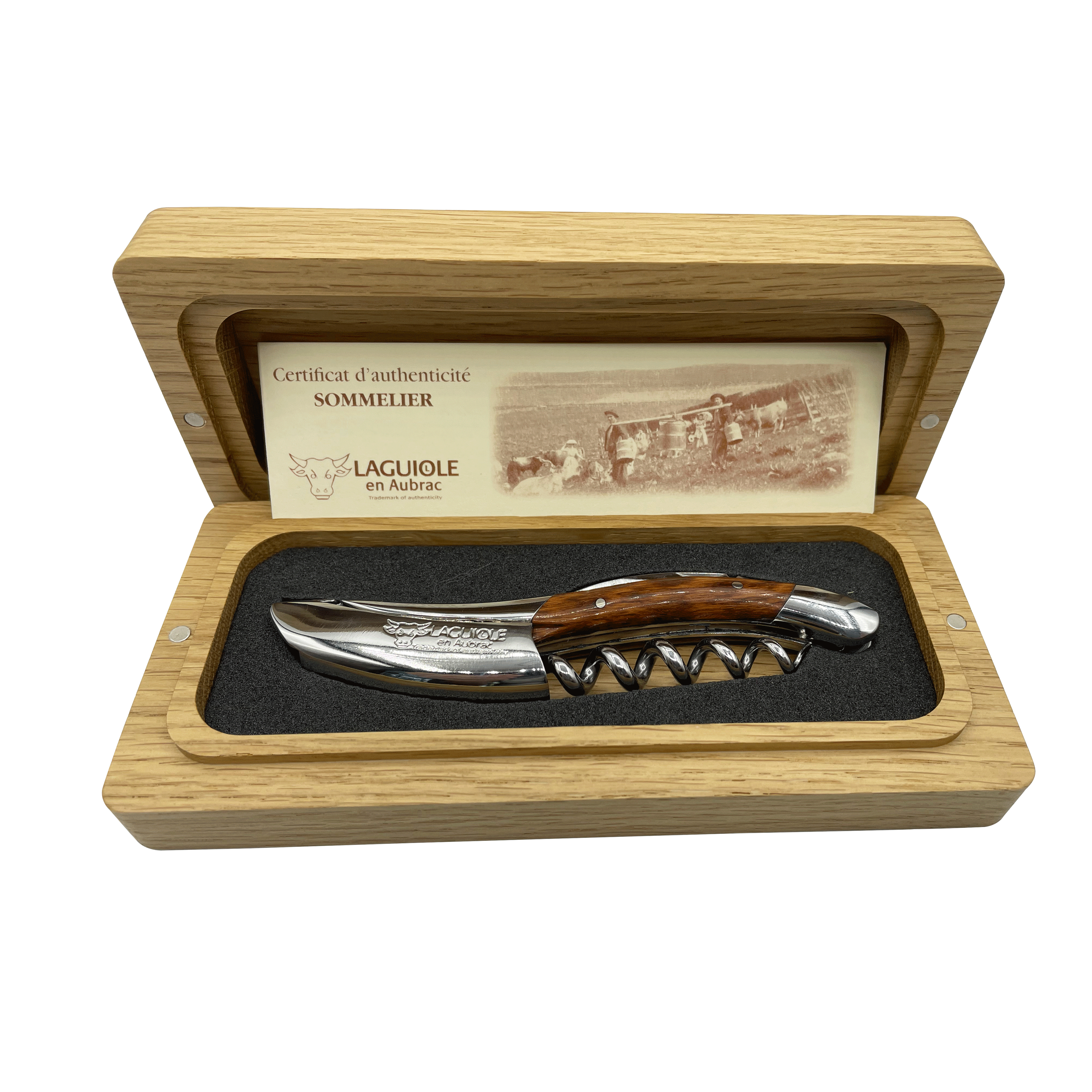 Amourette corkscrew in an open oak box with the certificate of authenticity