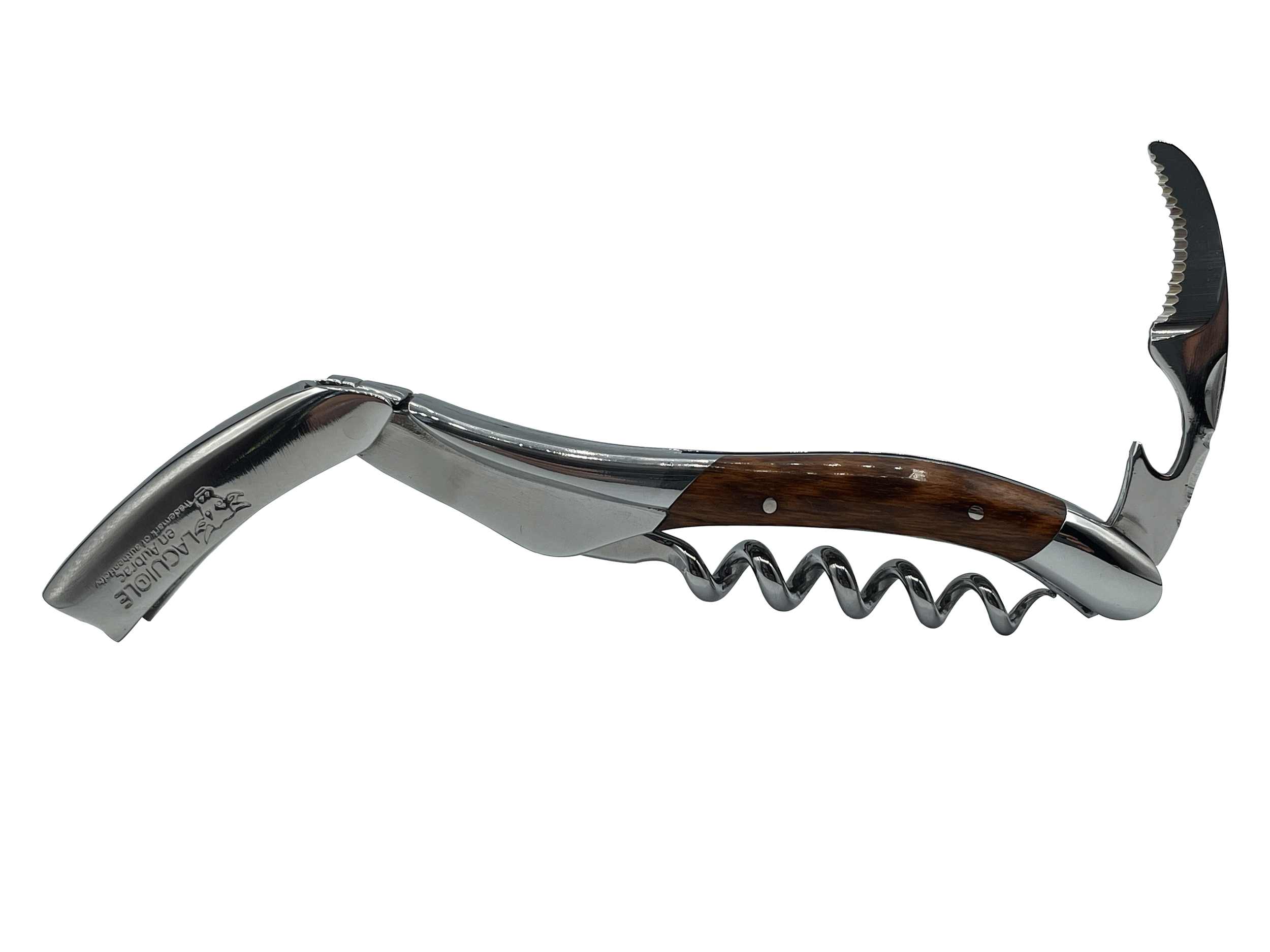 Opened corkscrew with the foil cutter raised