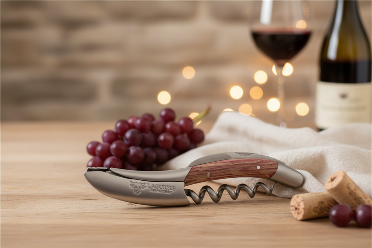 Corkscrew on a wooden table with red grapes, corks, a wine glass and a bottle