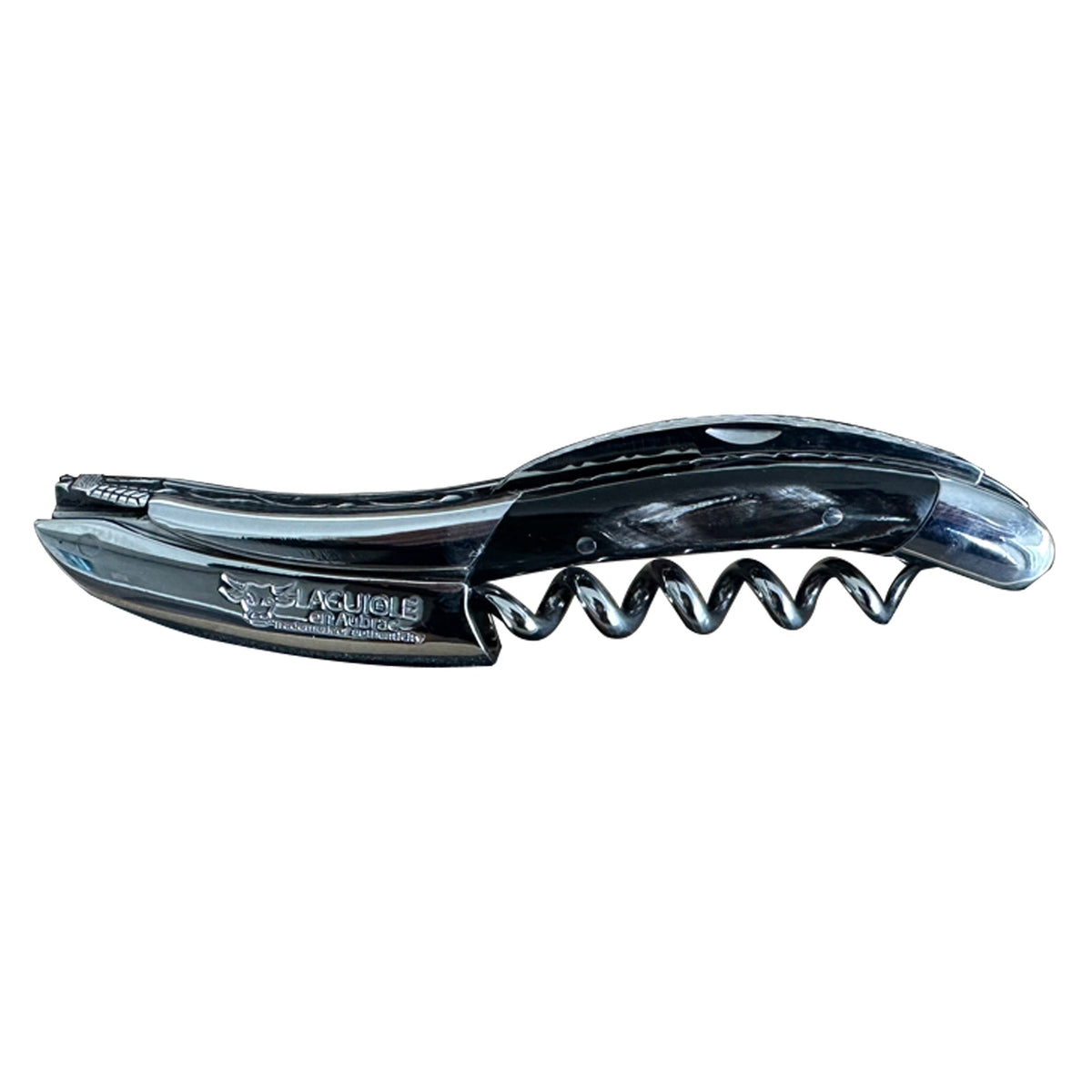 Laguiole DeLuxe No. 9 buffalo horn corkscrew with dark handle on a white background