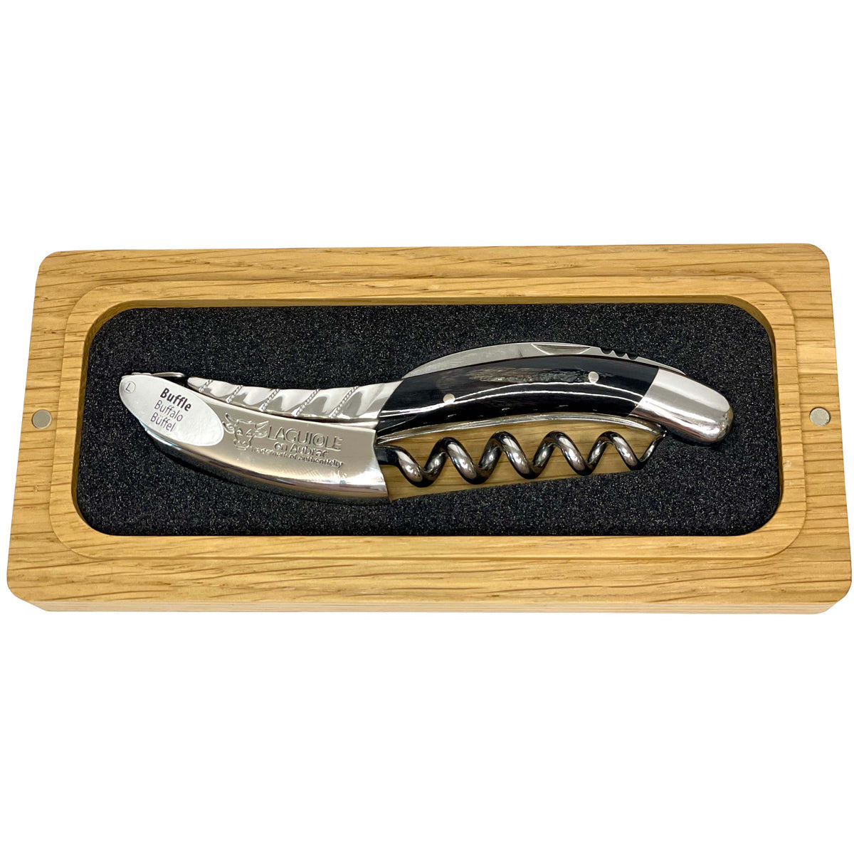 Dark horn corkscrew in its open oak box