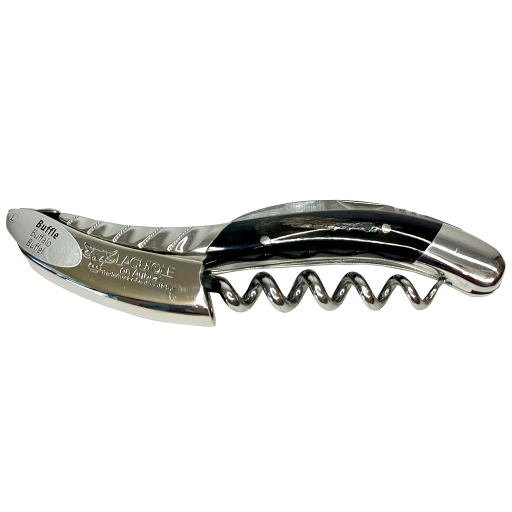 Laguiole DeLuxe buffalo horn corkscrew with twisted bolster on a white background