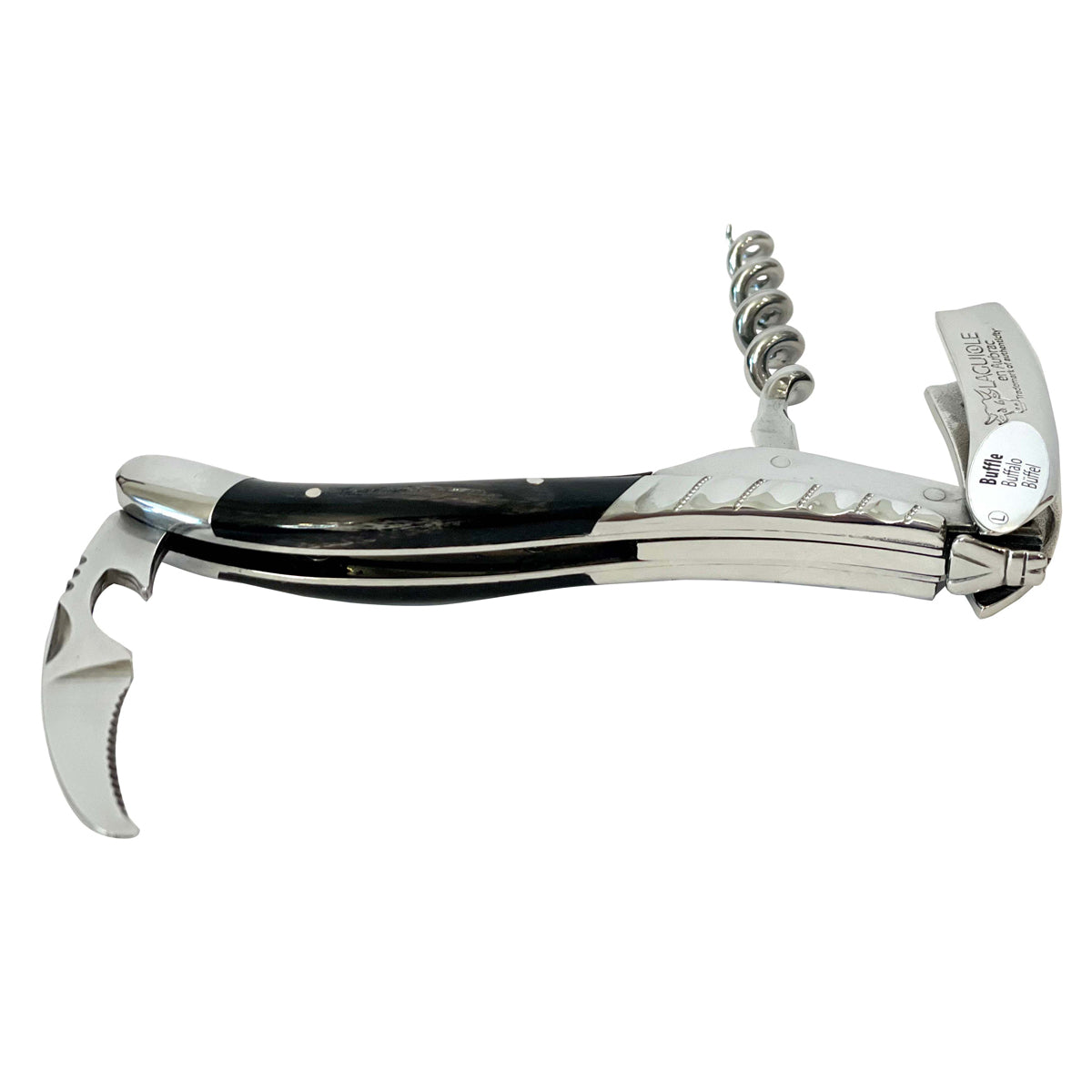 Opened corkscrew from the lever side with the twisted bolster visible
