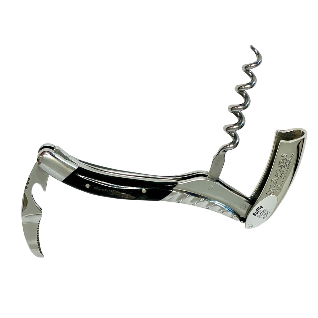 Corkscrew opened with the spiral raised and the horn handle below