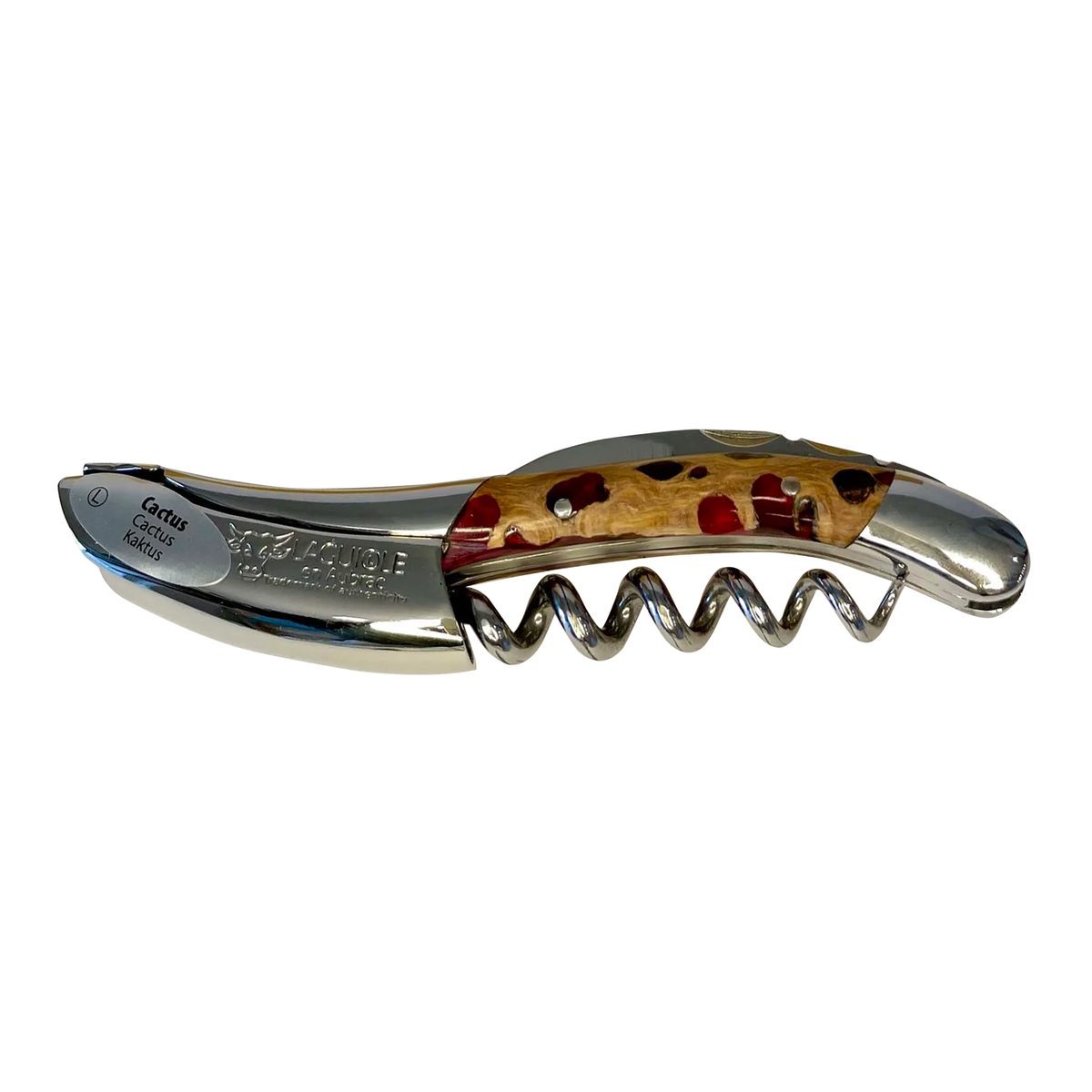 Laguiole fuchsia cactus corkscrew with pink flecked handle on a white background