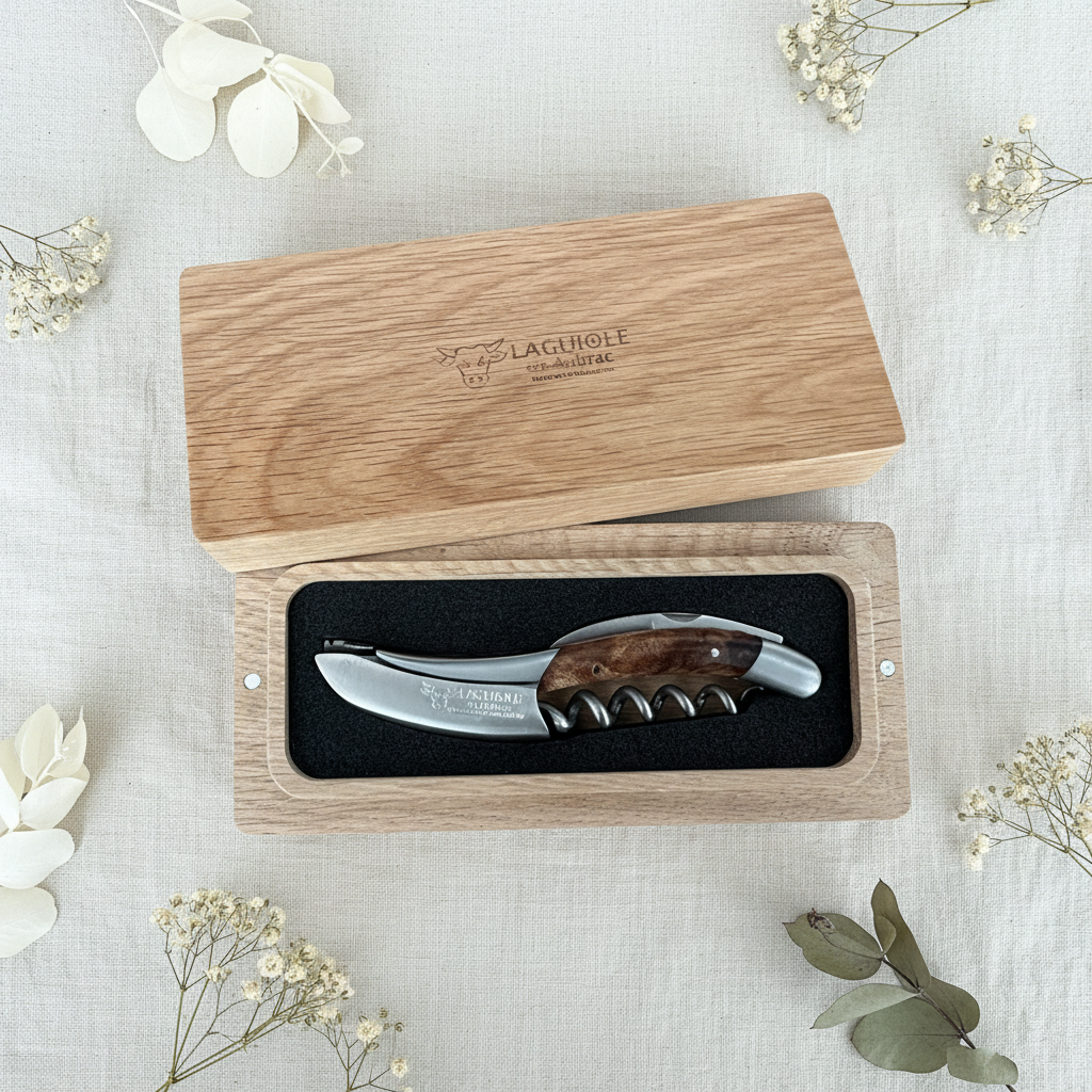 Oak gift box with the corkscrew on a white surface among dried flowers