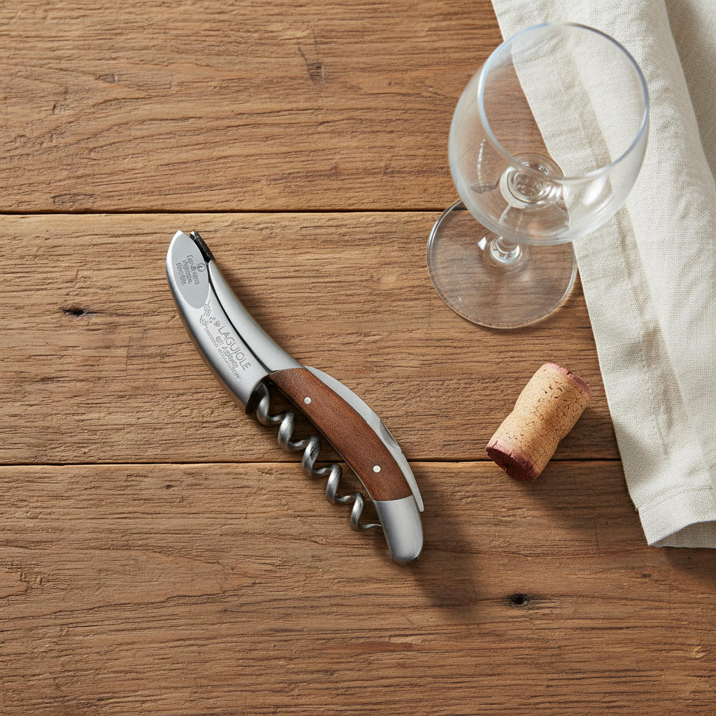 Corkscrew on a wooden table beside a wine glass, cork and linen napkin