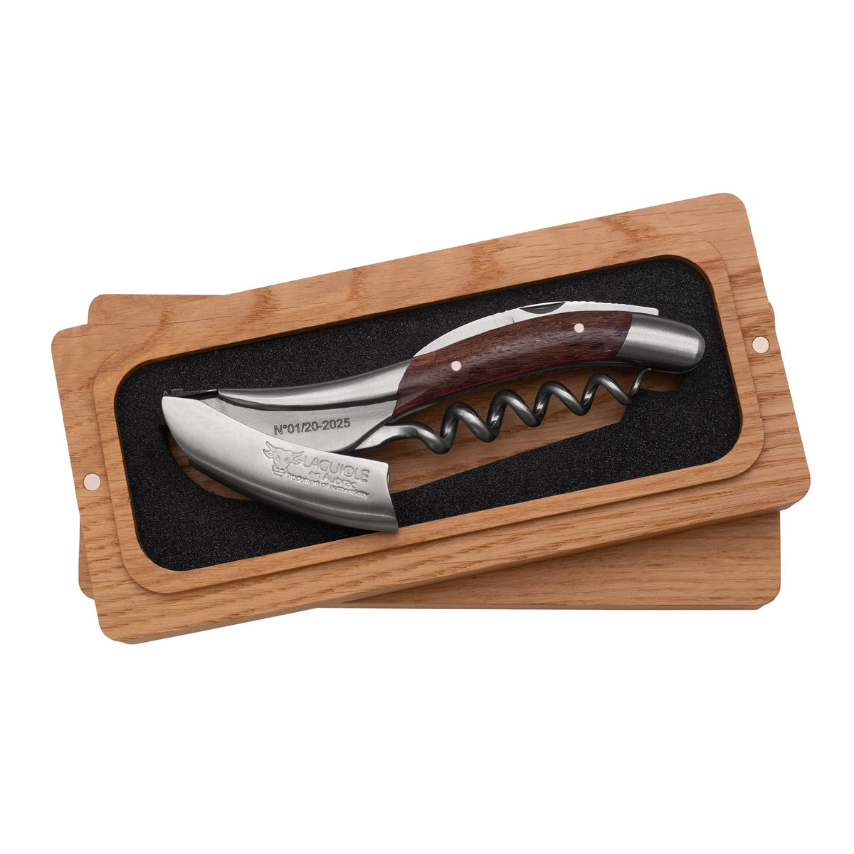 Laguiole numbered grapevine corkscrew with red inlay in its open oak box