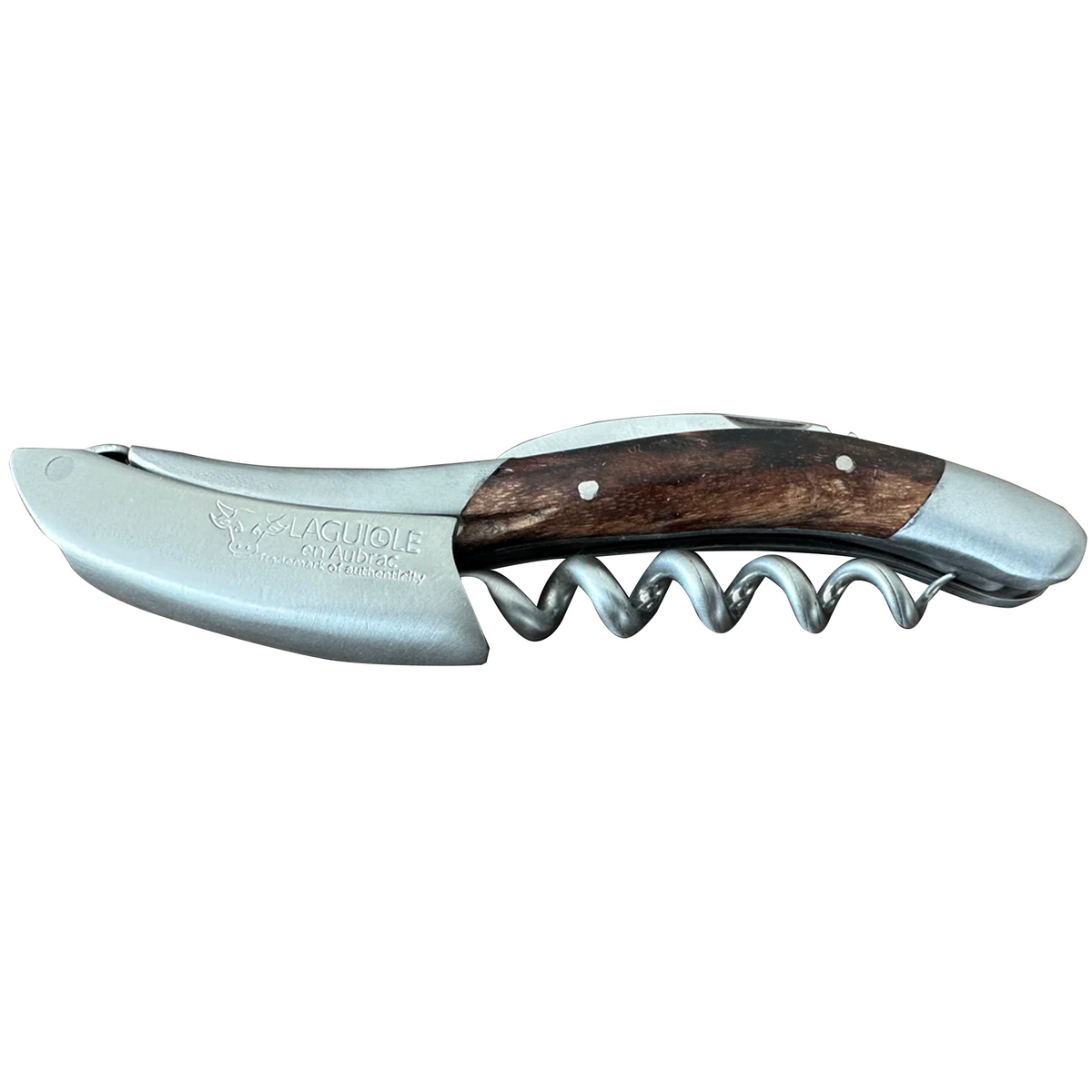 Laguiole grapevine wood corkscrew with matte steel bolster on a white background