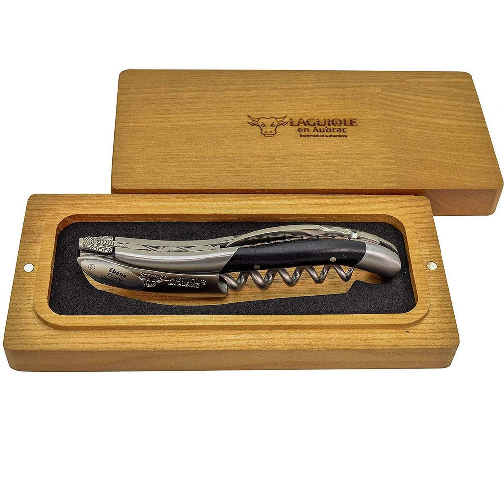 Ebony handled corkscrew in an open French oak gift box