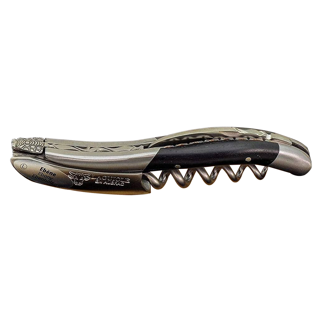Laguiole DeLuxe No. 7 ebony corkscrew with worked steel spine on a white background
