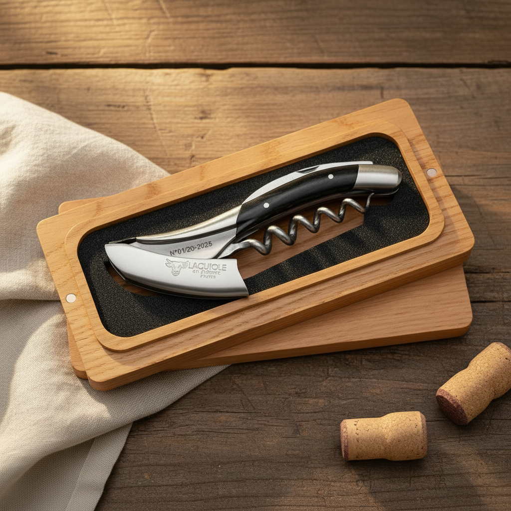 Open oak box with the corkscrew on a wooden table with linen and corks