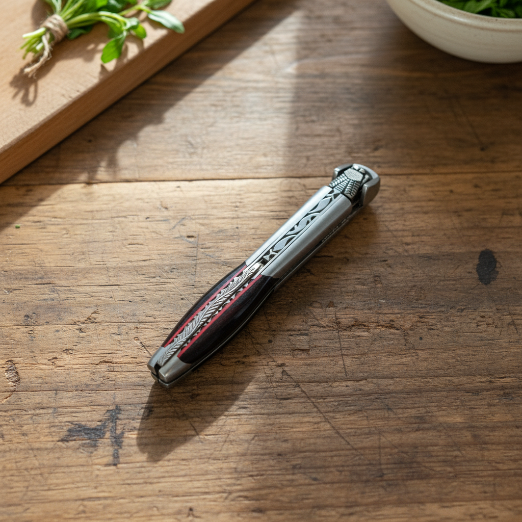 Folded corkscrew on a rustic wooden table with fresh herbs