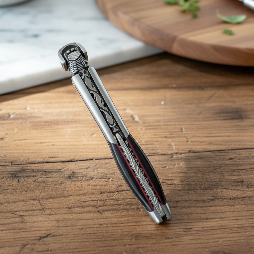 Corkscrew standing on a wooden table beside marble and a serving board