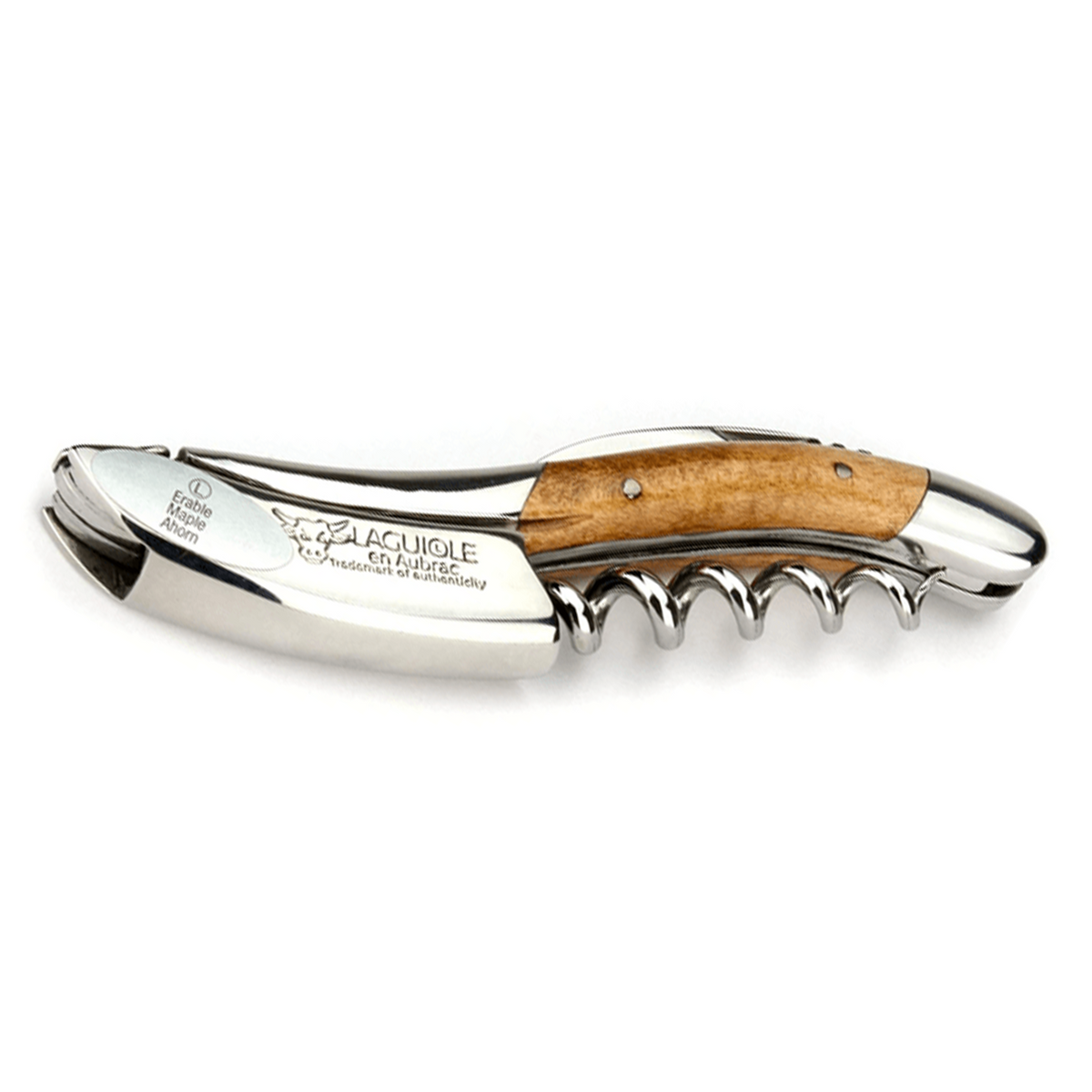 Laguiole maple wood corkscrew with wavy golden grain on a white background