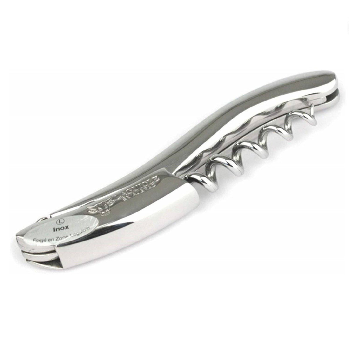 Mirror polished corkscrew angled to show its curved handle