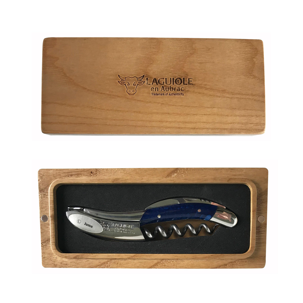 Blue handled corkscrew in an open French oak gift box