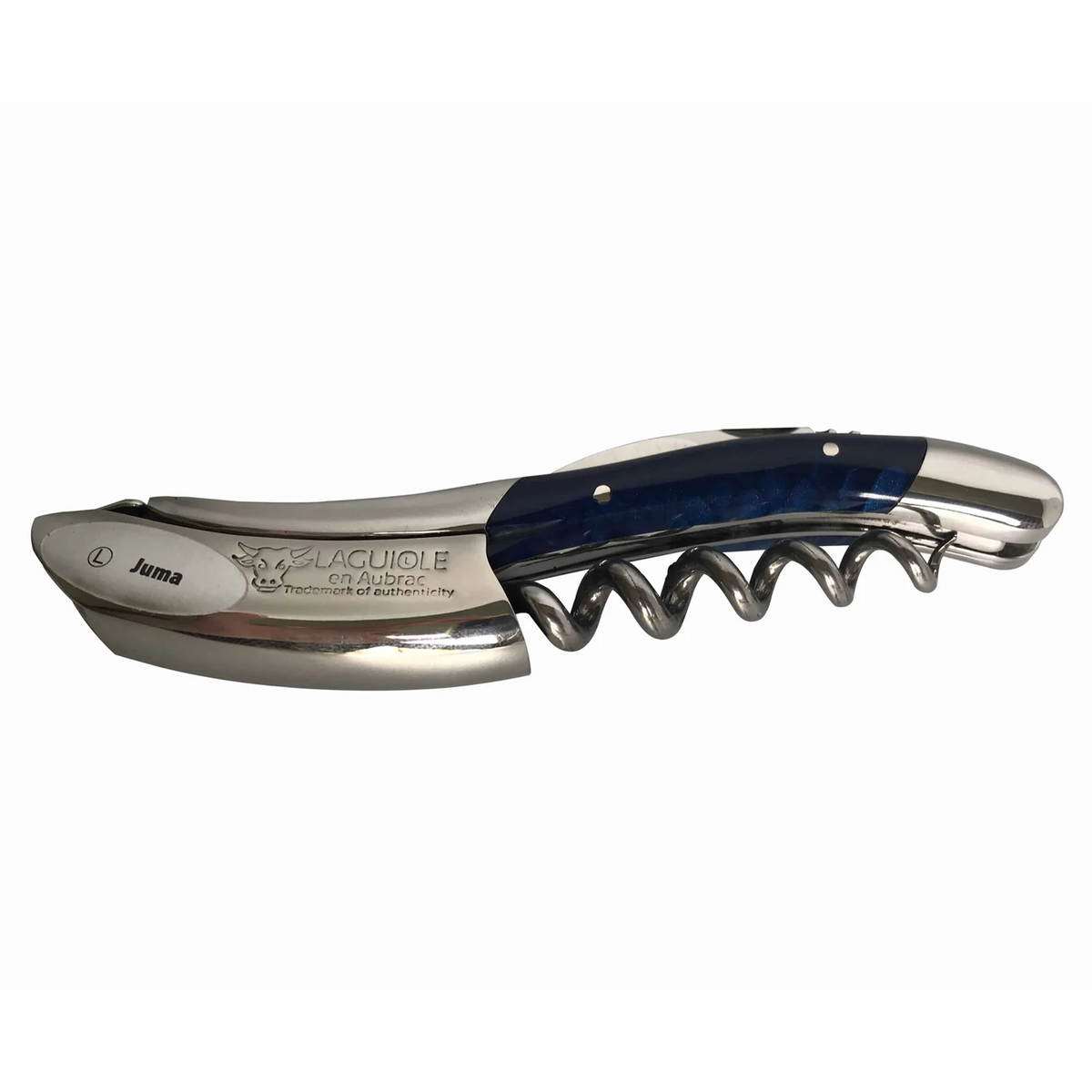 Laguiole Juma blue corkscrew with deep blue handle on a white background