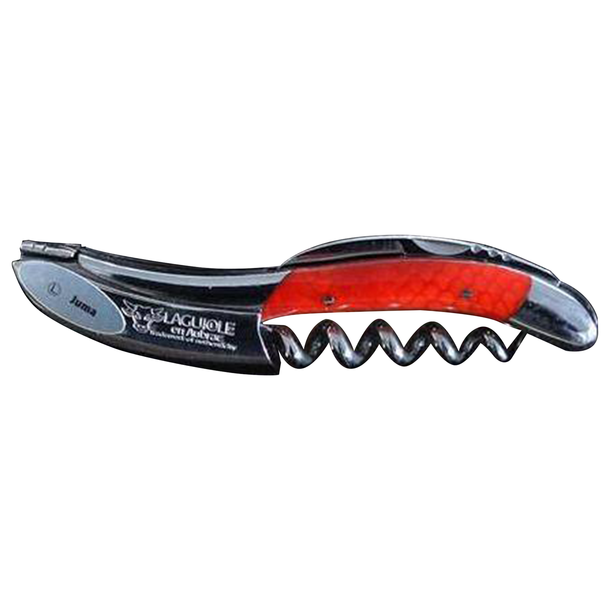 Laguiole Juma orange corkscrew with red-orange handle on a white background