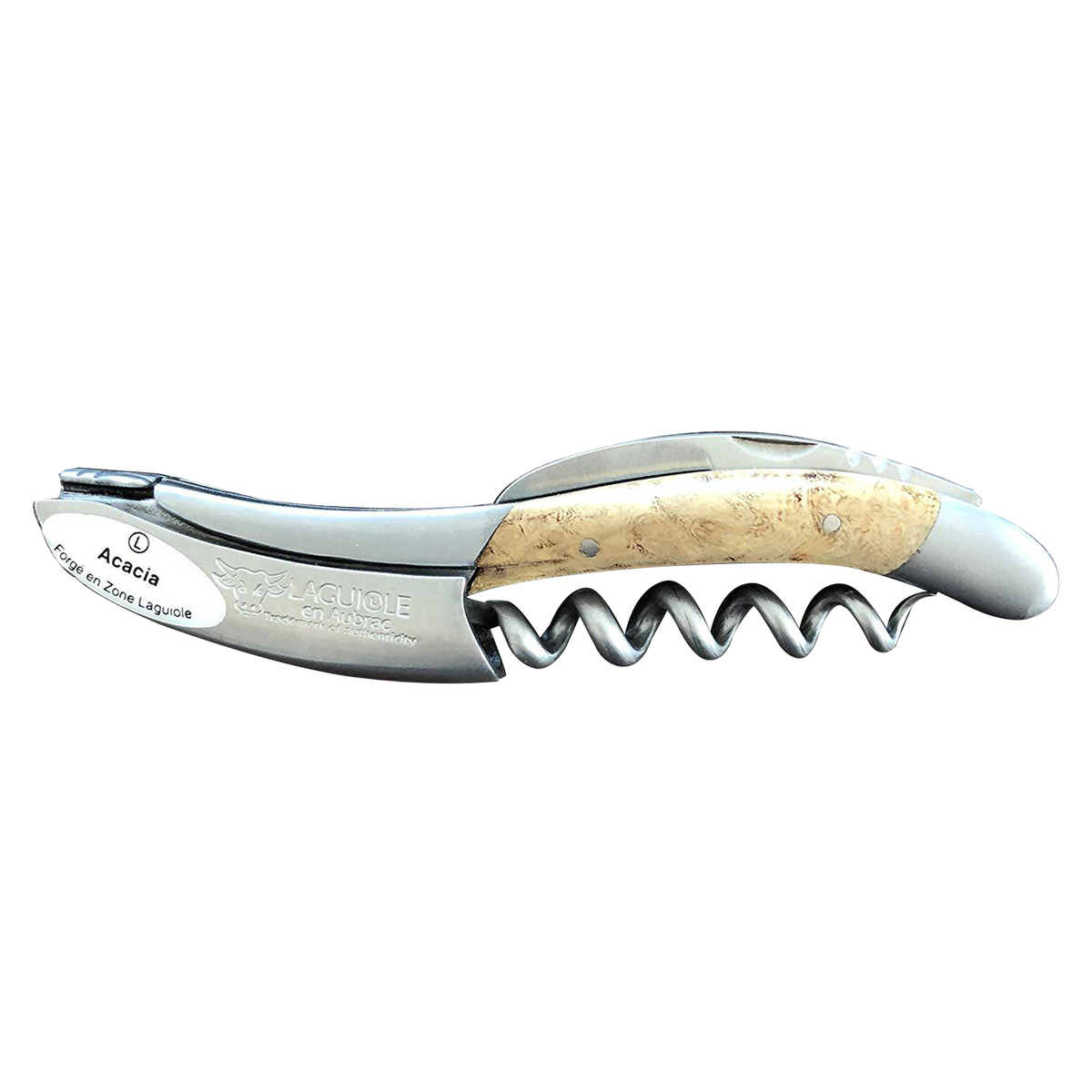 Laguiole acacia wood corkscrew with matte steel body on a white background