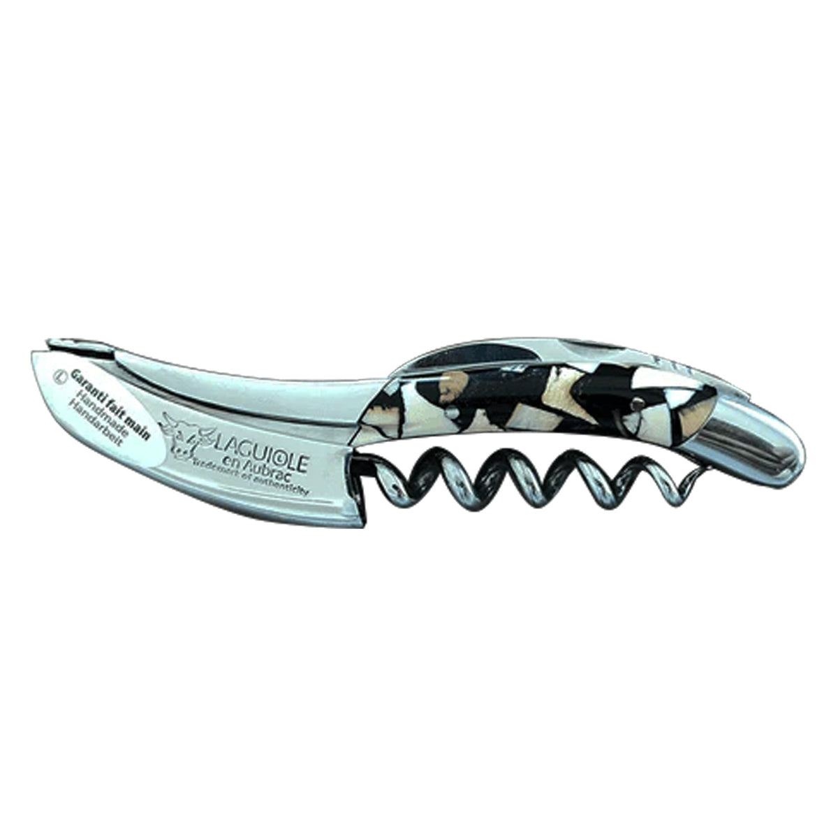 Laguiole nougatine corkscrew with dark and cream mosaic handle on a white background