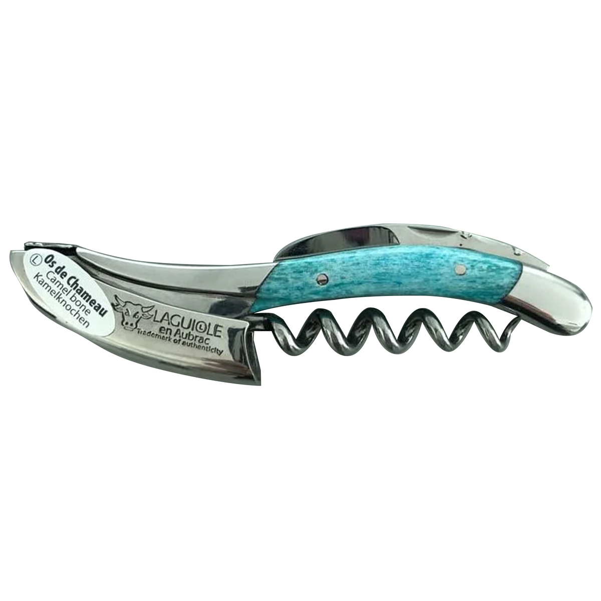Laguiole light blue camel bone corkscrew with the spiral open on a white background