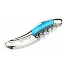 Pale blue handled corkscrew shown from above with the foil cutter extended
