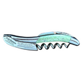 Laguiole green camel bone corkscrew with shiny steel bolsters on a white background