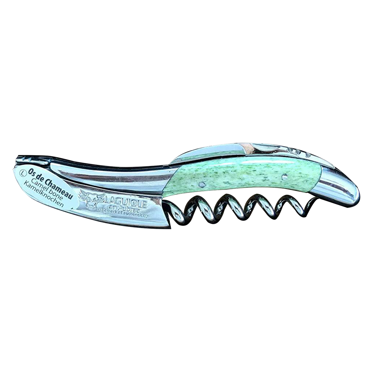 Laguiole green camel bone corkscrew with shiny steel bolsters on a white background