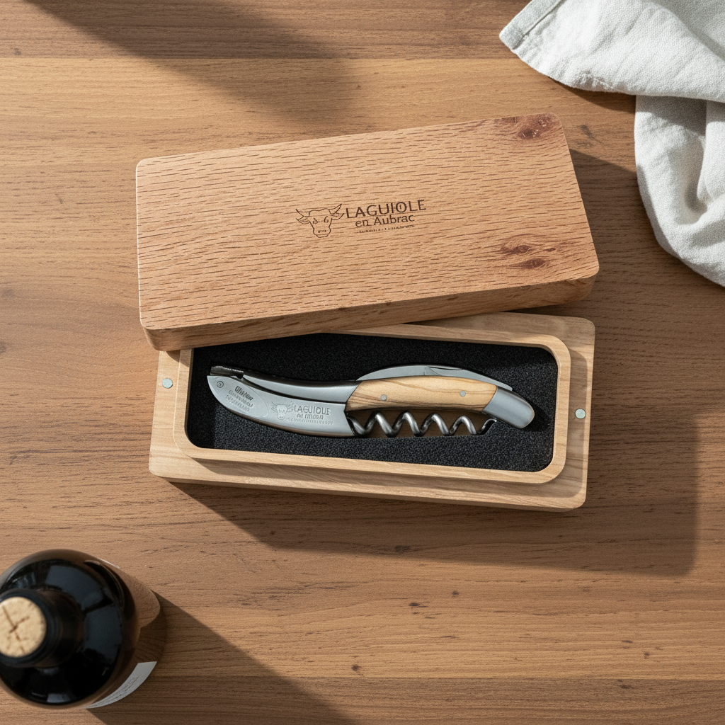 Open oak box with the corkscrew on a wooden table beside a bottle and linen