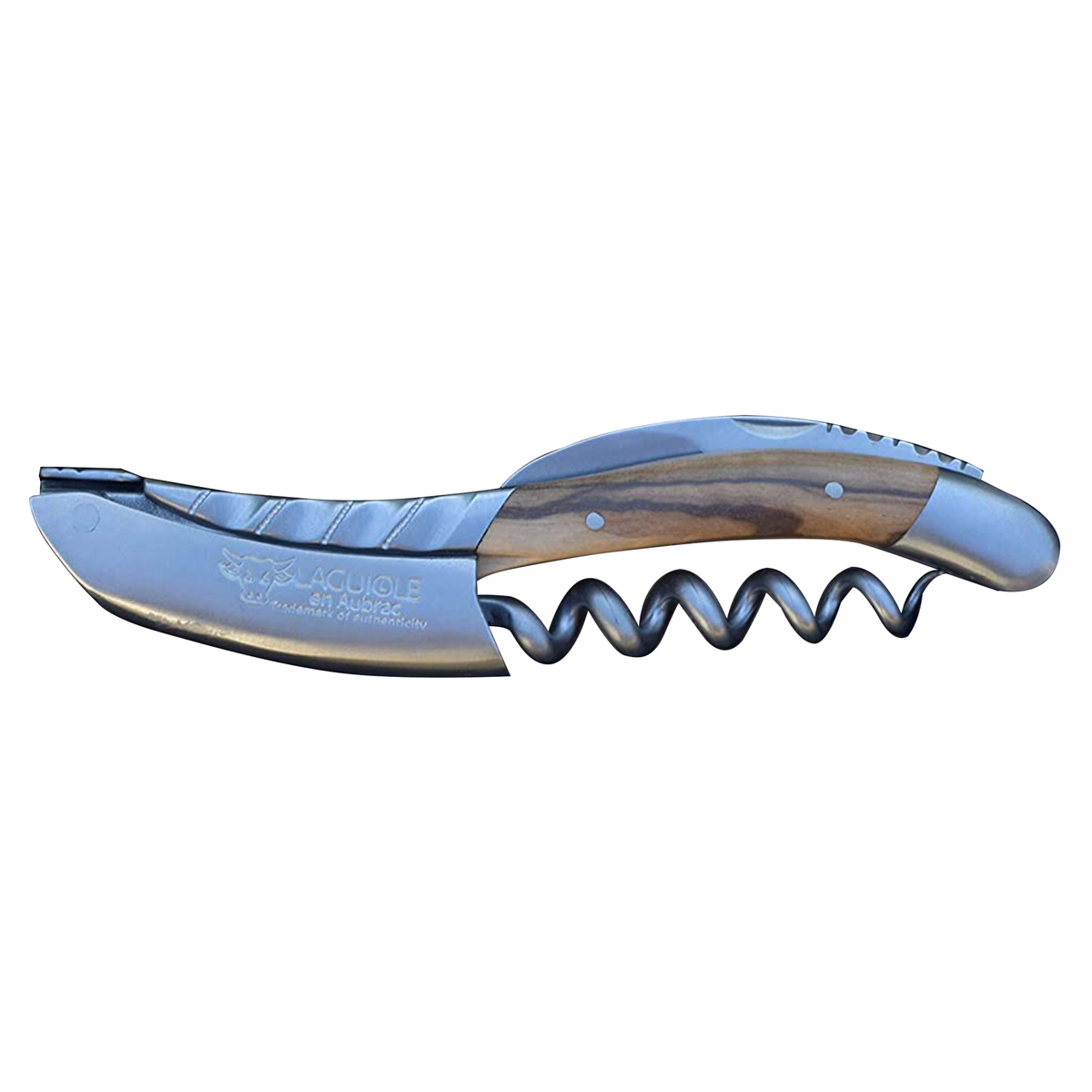 Laguiole DeLuxe olive wood corkscrew with matte twisted bolster on a white background